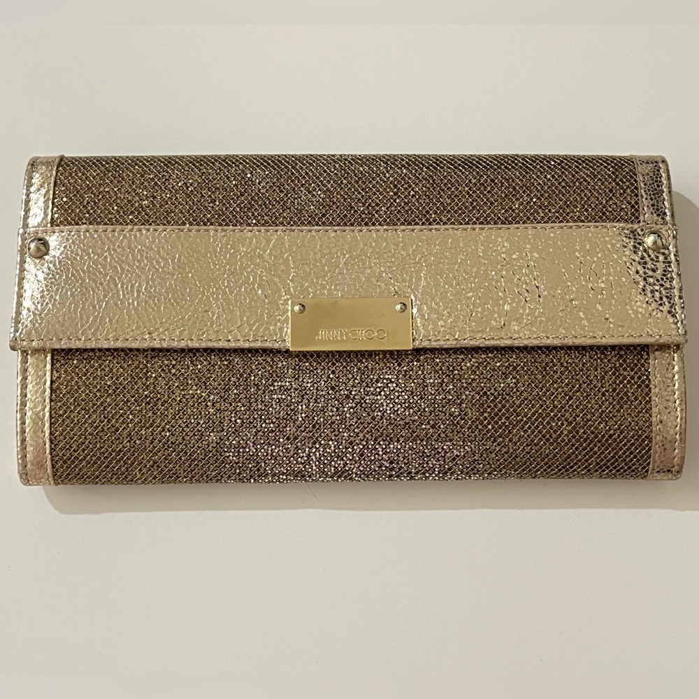 Jimmy Choo Reese Metallic Glitter Clutch in Gold